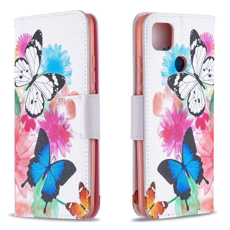 Flip Cover Læder Xiaomi Redmi 9C Magenta Fantastiske Farverige Sommerfugle Original