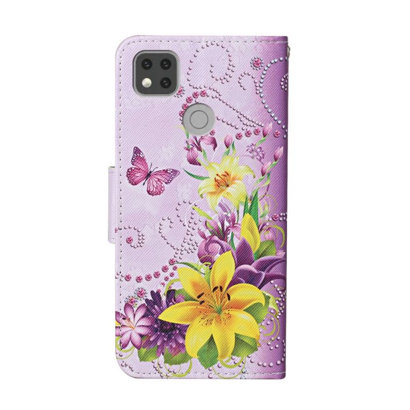 Flip Cover Læder Xiaomi Redmi 9C Sommerfugle Og Sydlige Blomster Med Rem