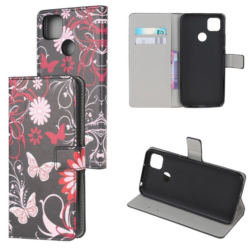 Flip Cover Læder Xiaomi Redmi 9C Sort Sommerfugle Og Blomster Original