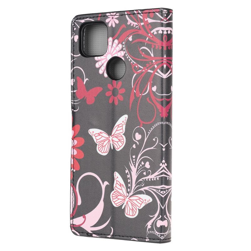 Flip Cover Læder Xiaomi Redmi 9C Sort Sommerfugle Og Blomster Original