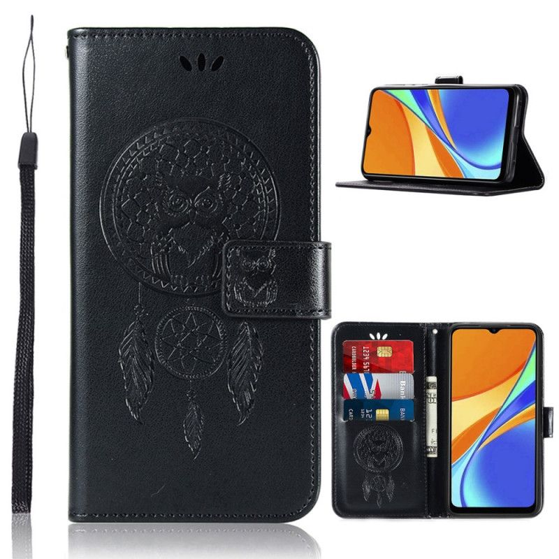 Flip Cover Xiaomi Redmi 9C Sort Dreamcatcher Af Ugle I Lædereffekt