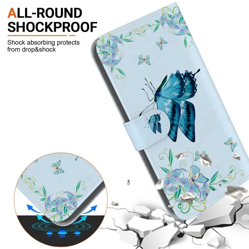 Flip Cover Realme 12 Pro / 12 Pro Plus Blå Sommerfugl Og Blomster Med Rem