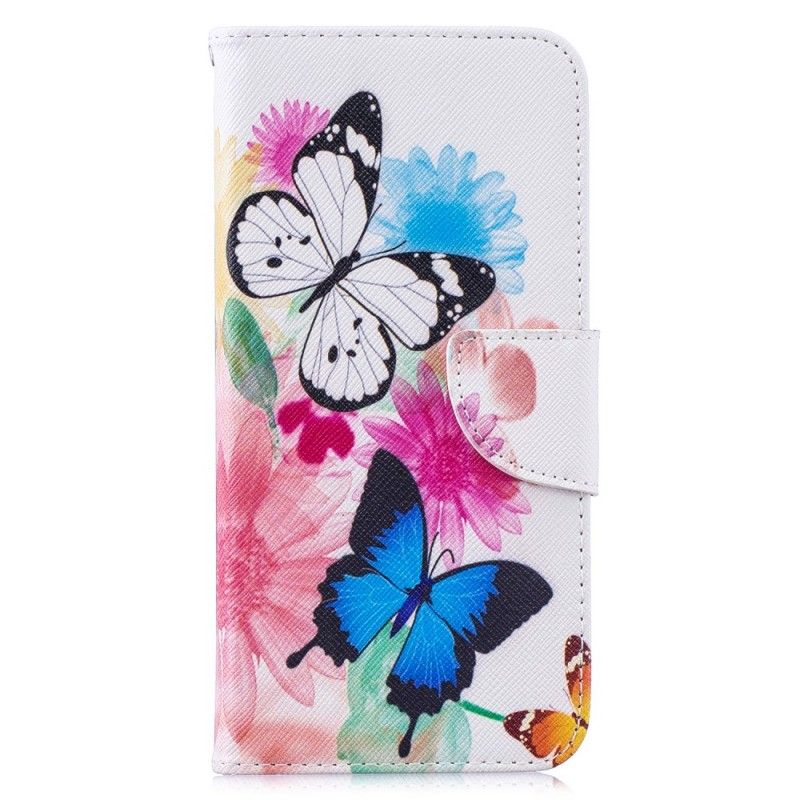 Flip Cover Læder for Xiaomi Redmi Note 7 Magenta Malede Sommerfugle Og Blomster