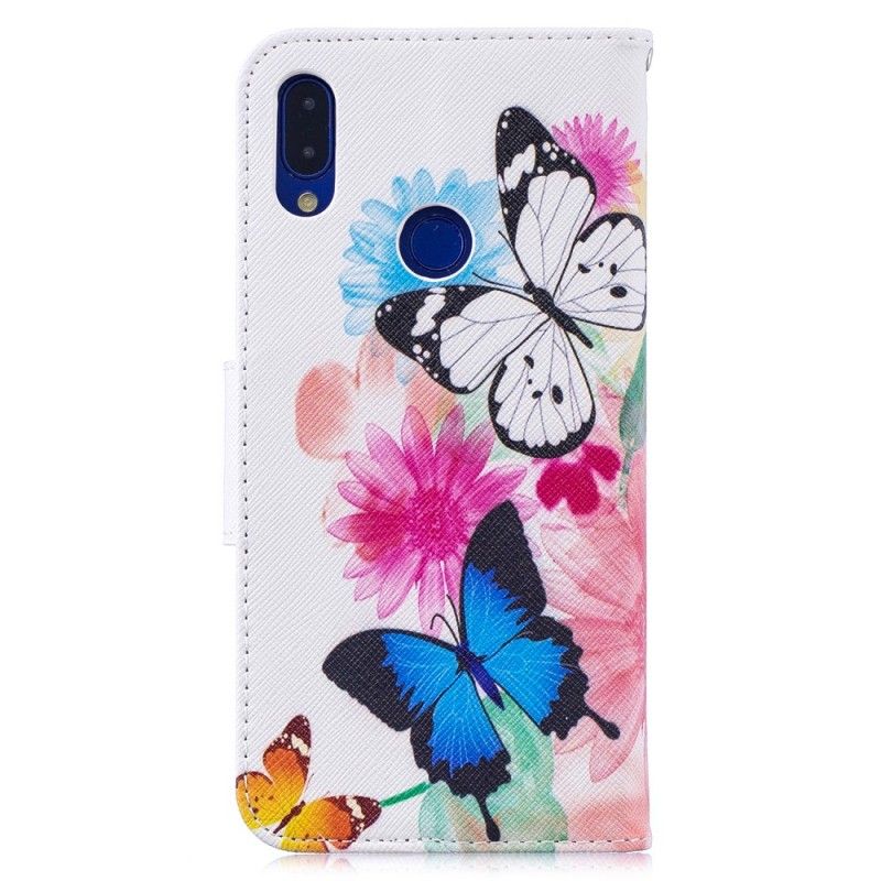 Flip Cover Læder for Xiaomi Redmi Note 7 Magenta Malede Sommerfugle Og Blomster