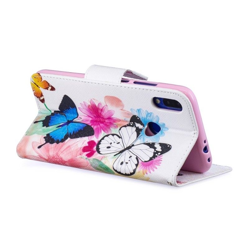 Flip Cover Læder for Xiaomi Redmi Note 7 Magenta Malede Sommerfugle Og Blomster