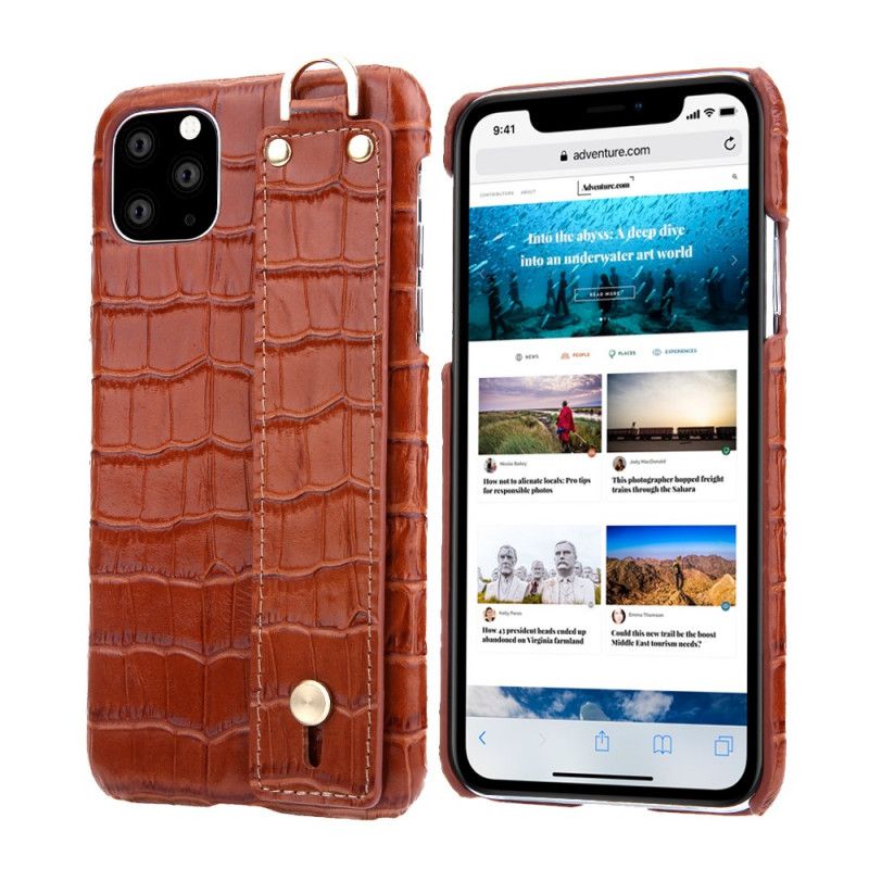 Cover iPhone 11 Pro Max Sort Mobilcover Ægte Krokodillestil Med Rem