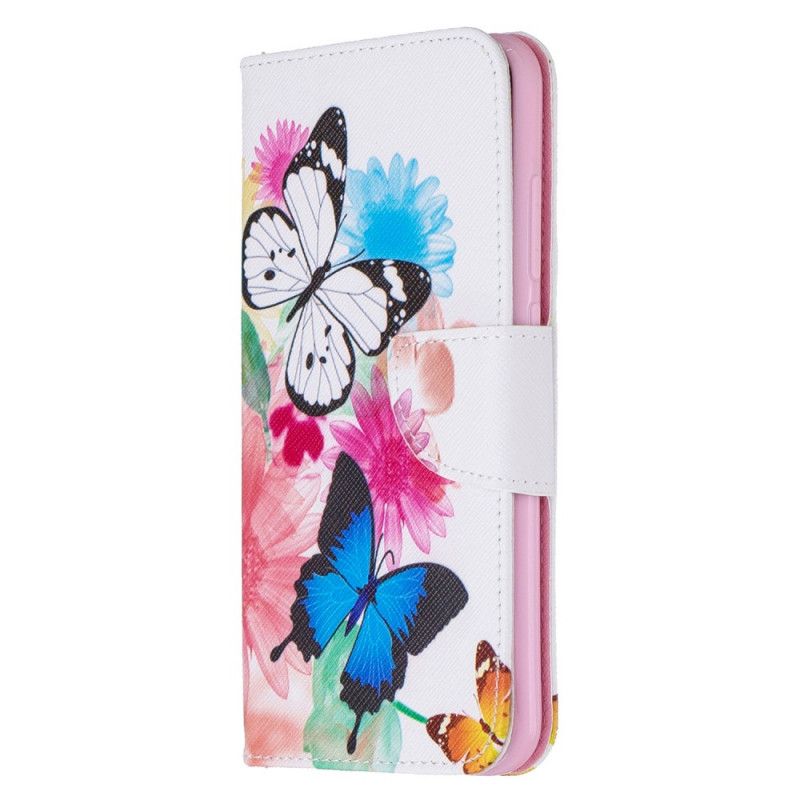 Flip Cover Læder Xiaomi Redmi Note 8 Magenta Malede Sommerfugle Og Blomster Original