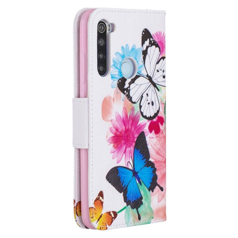 Flip Cover Læder Xiaomi Redmi Note 8 Magenta Malede Sommerfugle Og Blomster Original