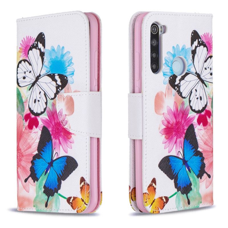 Flip Cover Læder Xiaomi Redmi Note 8 Magenta Malede Sommerfugle Og Blomster Original