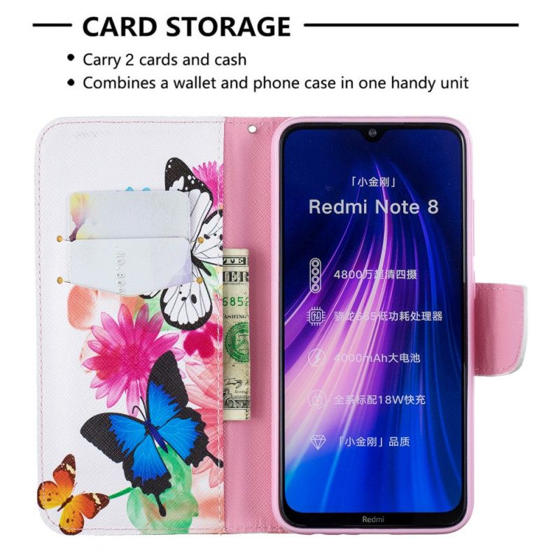 Flip Cover Læder Xiaomi Redmi Note 8 Magenta Malede Sommerfugle Og Blomster Original