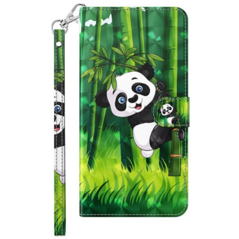 Læder Cover Moto G73 5G Med Snor Panda Og Bambus Med Snor