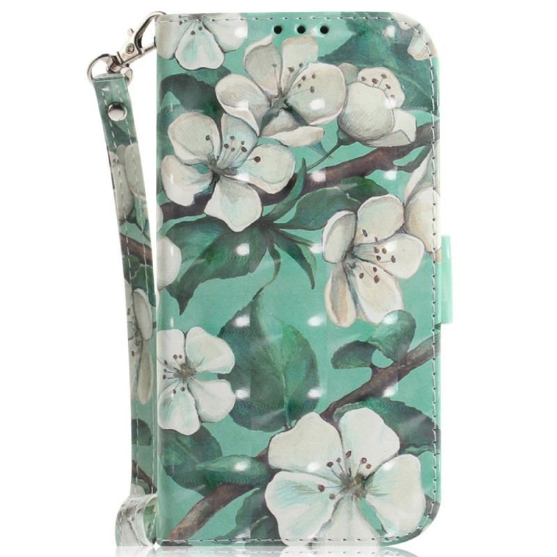 Læder Cover Moto G73 5G Med Snor Strappy Hvide Blomster