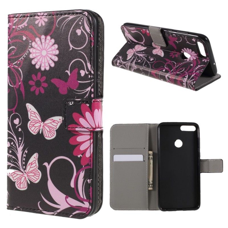 Flip Cover Huawei P Smart Hvid Sommerfugle Og Blomster