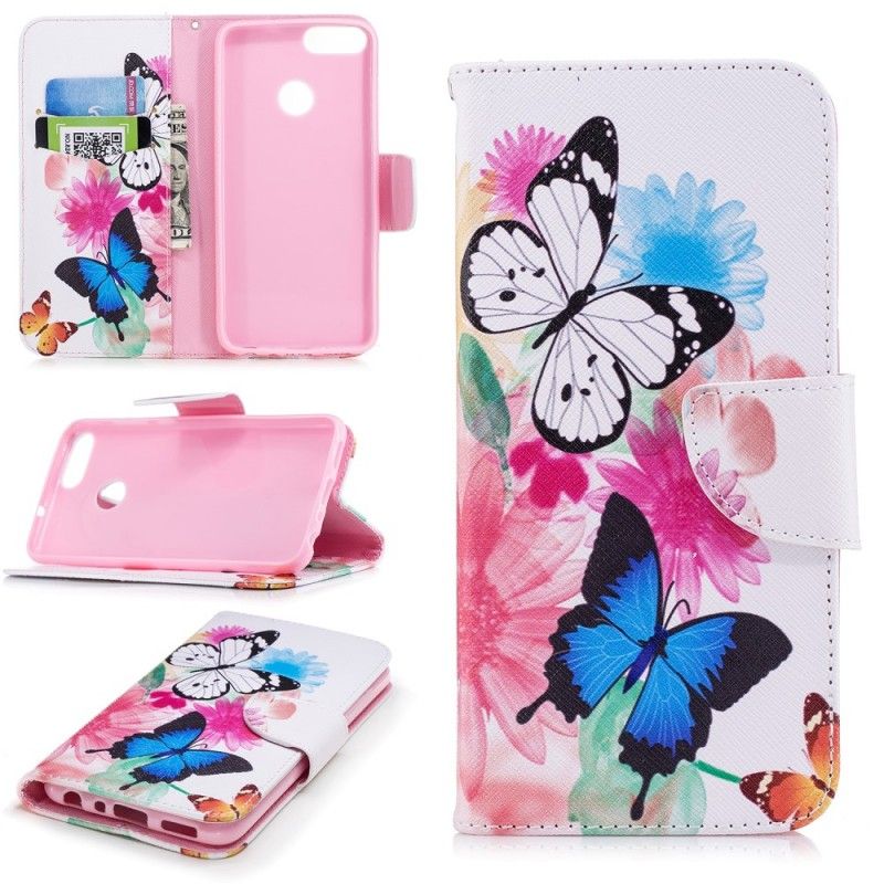 Flip Cover Huawei P Smart Malede Sommerfugle Og Blomster