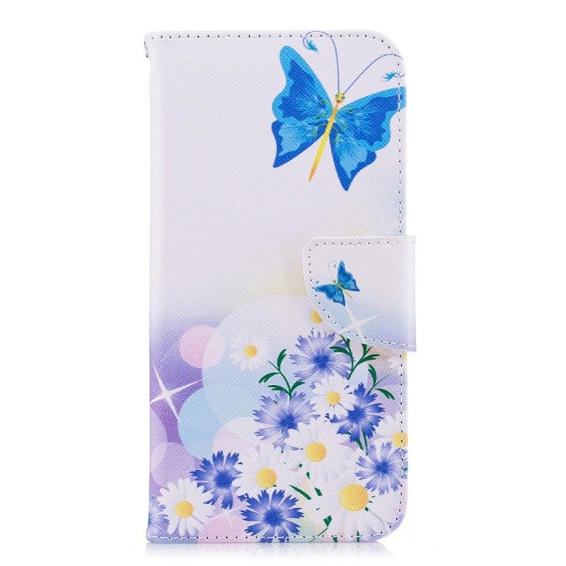 Flip Cover Læder Huawei P Smart Malede Sommerfugle Og Blomster Original