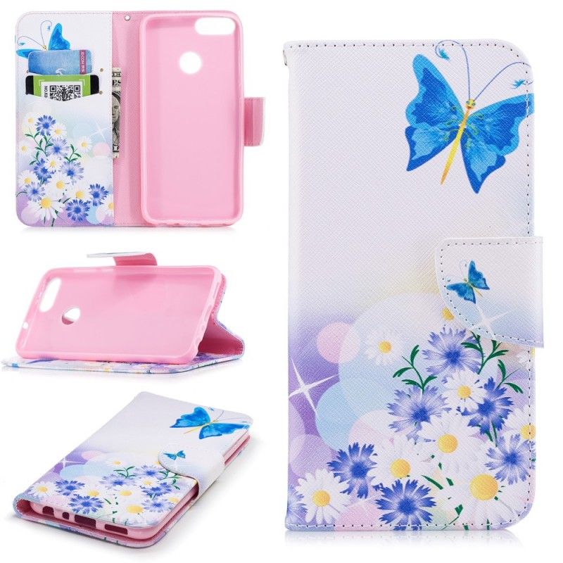 Flip Cover Læder Huawei P Smart Malede Sommerfugle Og Blomster Original