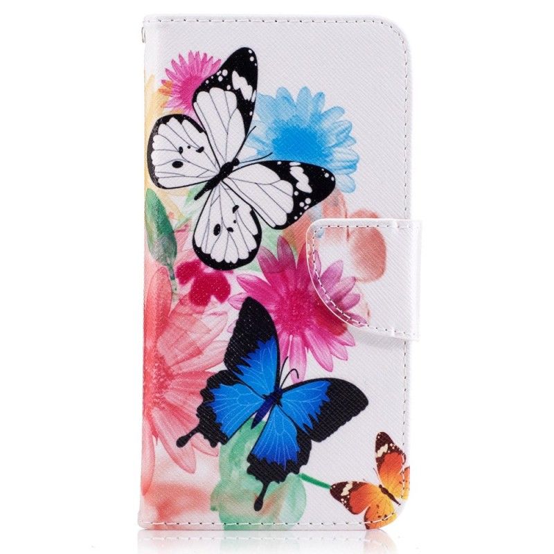 Flip Cover Læder for Huawei P10 Lite Pink Malede Sommerfugle Og Blomster