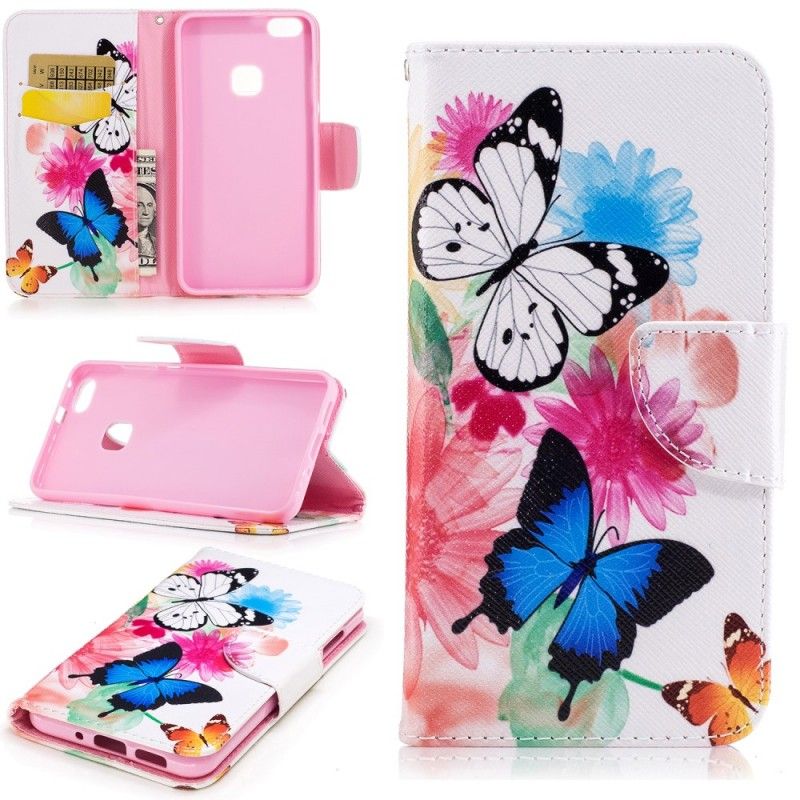 Flip Cover Læder for Huawei P10 Lite Pink Malede Sommerfugle Og Blomster