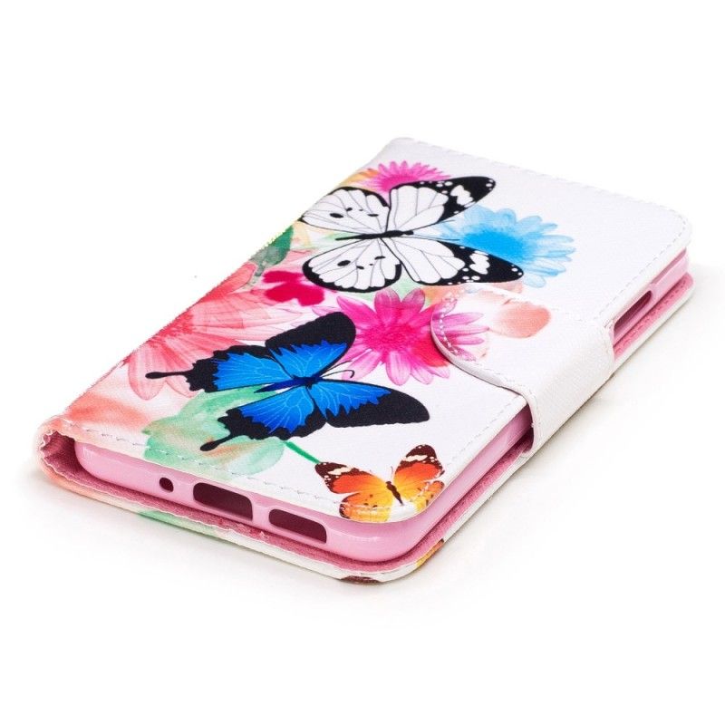 Flip Cover Læder for Huawei P10 Lite Pink Malede Sommerfugle Og Blomster