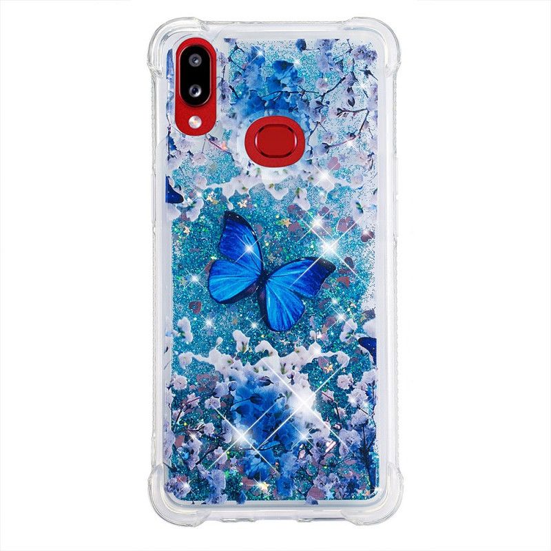 Cover for Samsung Galaxy A10s Blå Glitter Sommerfugle