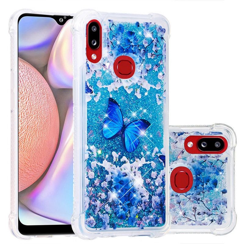 Cover for Samsung Galaxy A10s Blå Glitter Sommerfugle