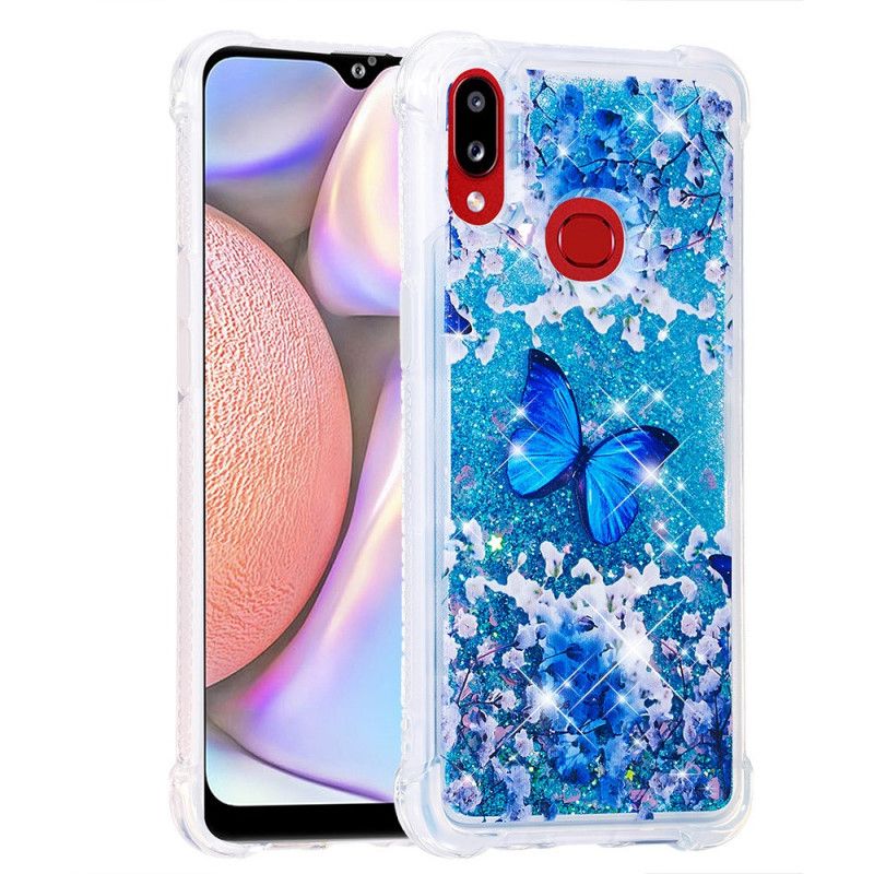 Cover for Samsung Galaxy A10s Blå Glitter Sommerfugle