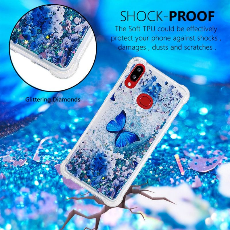 Cover for Samsung Galaxy A10s Blå Glitter Sommerfugle