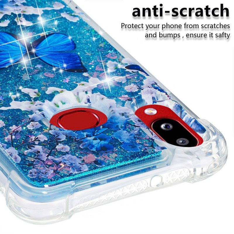 Cover for Samsung Galaxy A10s Blå Glitter Sommerfugle