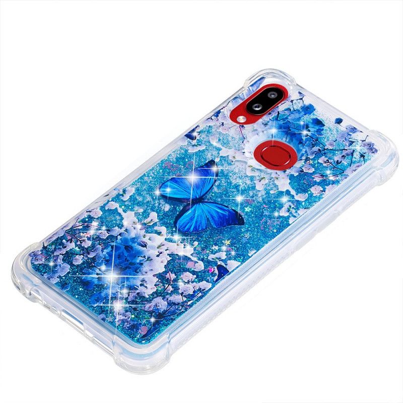 Cover for Samsung Galaxy A10s Blå Glitter Sommerfugle