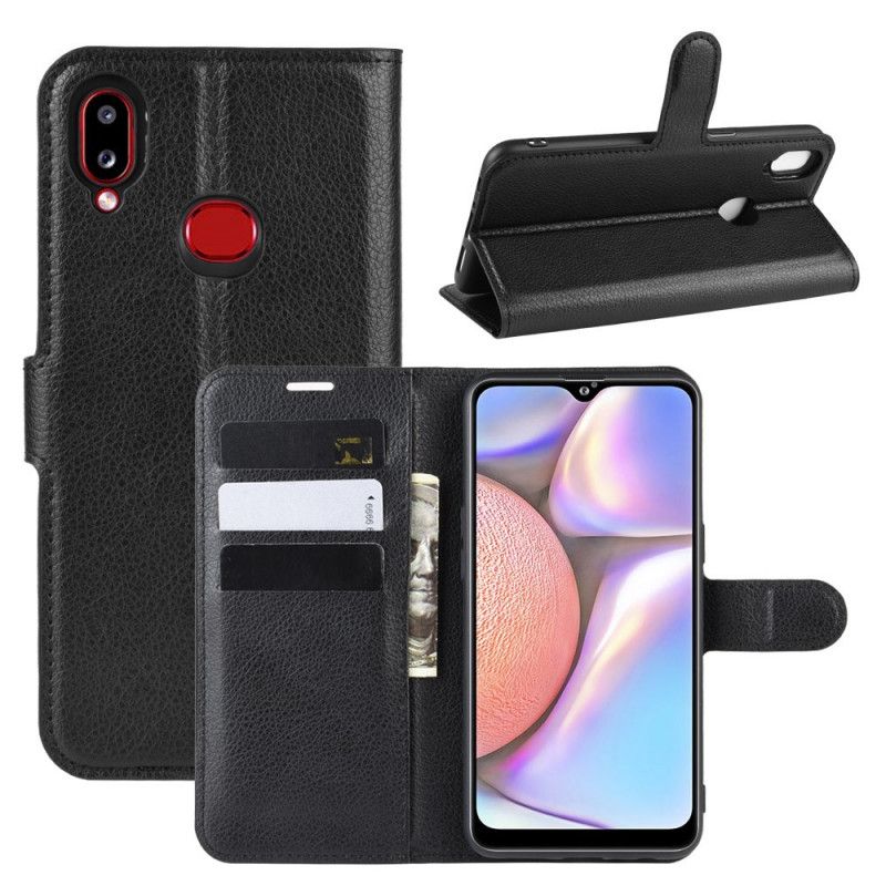 Flip Cover Læder for Samsung Galaxy A10s Sort Klassisk Lychee-Lædereffekt