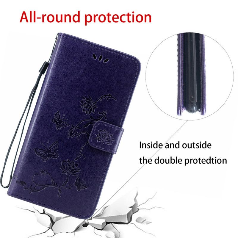 Flip Cover Læder Samsung Galaxy A10s Lyseblå Sommerfugle Og Tanga Blomster