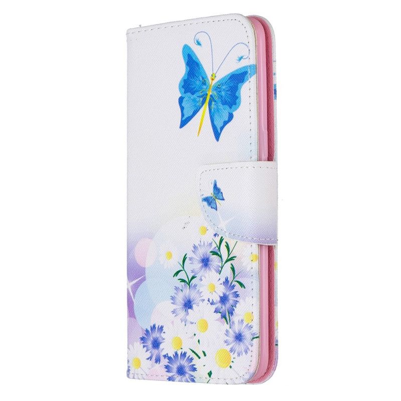 Flip Cover Læder Samsung Galaxy A10s Magenta Malede Sommerfugle Og Blomster Original