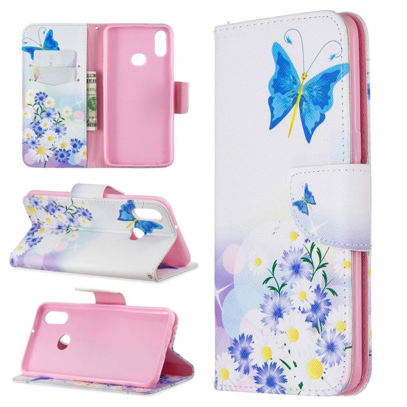 Flip Cover Læder Samsung Galaxy A10s Magenta Malede Sommerfugle Og Blomster Original