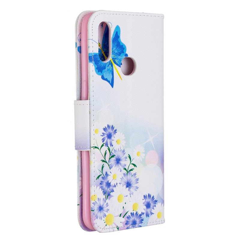 Flip Cover Læder Samsung Galaxy A10s Magenta Malede Sommerfugle Og Blomster Original