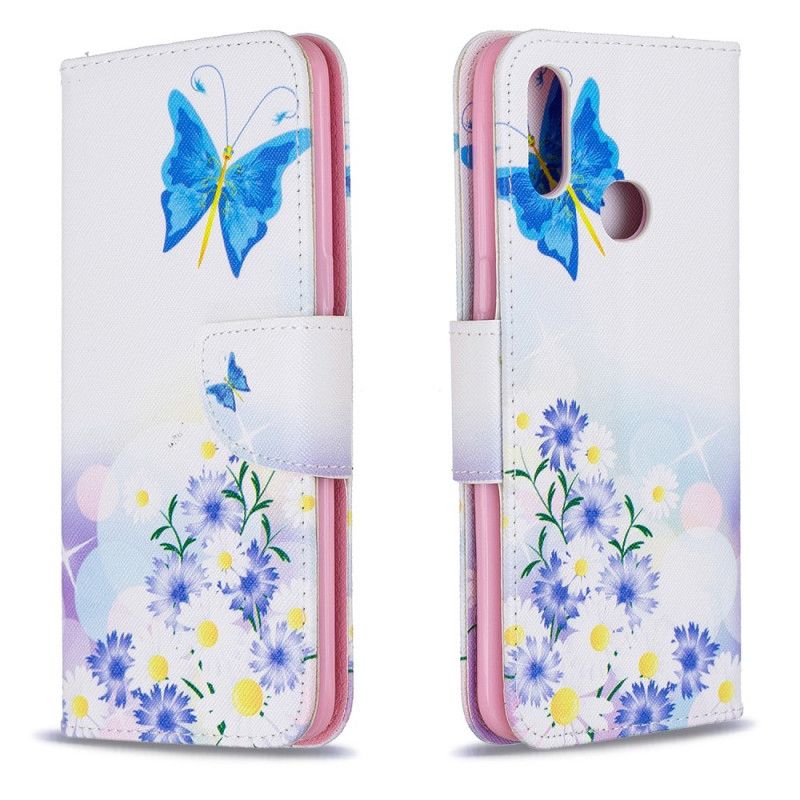 Flip Cover Læder Samsung Galaxy A10s Magenta Malede Sommerfugle Og Blomster Original