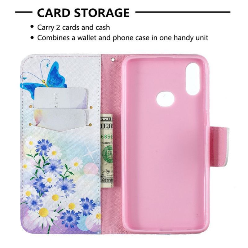 Flip Cover Læder Samsung Galaxy A10s Magenta Malede Sommerfugle Og Blomster Original