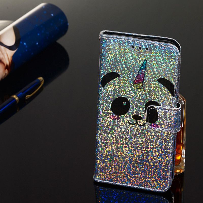 Flip Cover Samsung Galaxy A10s Mobilcover Panda På Glitter Baggrund