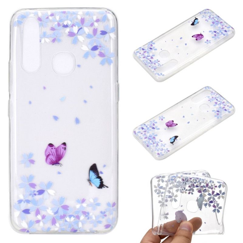 Cover for Huawei P40 Lite E / Y7p Gennemsigtige Sommerfugle Og Blomster