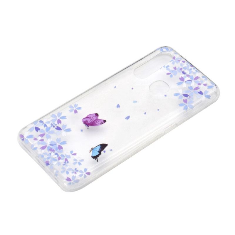 Cover for Huawei P40 Lite E / Y7p Gennemsigtige Sommerfugle Og Blomster