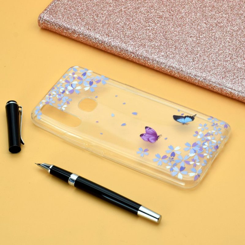 Cover for Huawei P40 Lite E / Y7p Gennemsigtige Sommerfugle Og Blomster