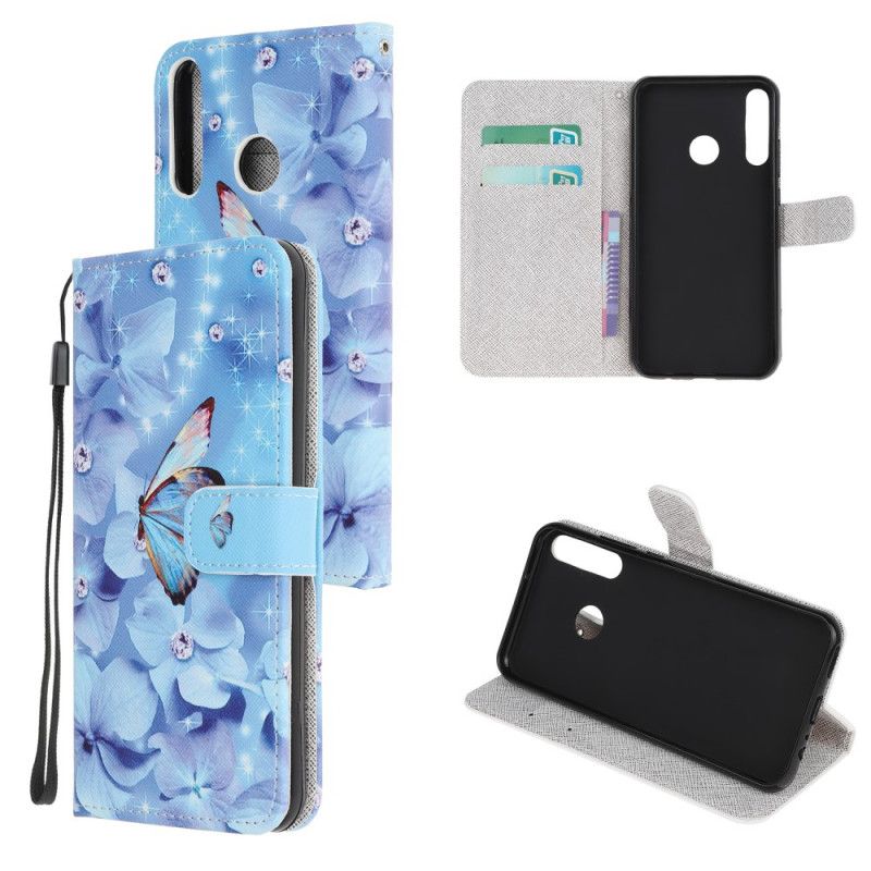 Flip Cover Læder for Huawei P40 Lite E / Y7p Diamant Sommerfugle Med Rem