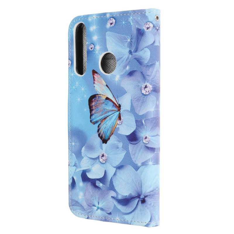 Flip Cover Læder for Huawei P40 Lite E / Y7p Diamant Sommerfugle Med Rem