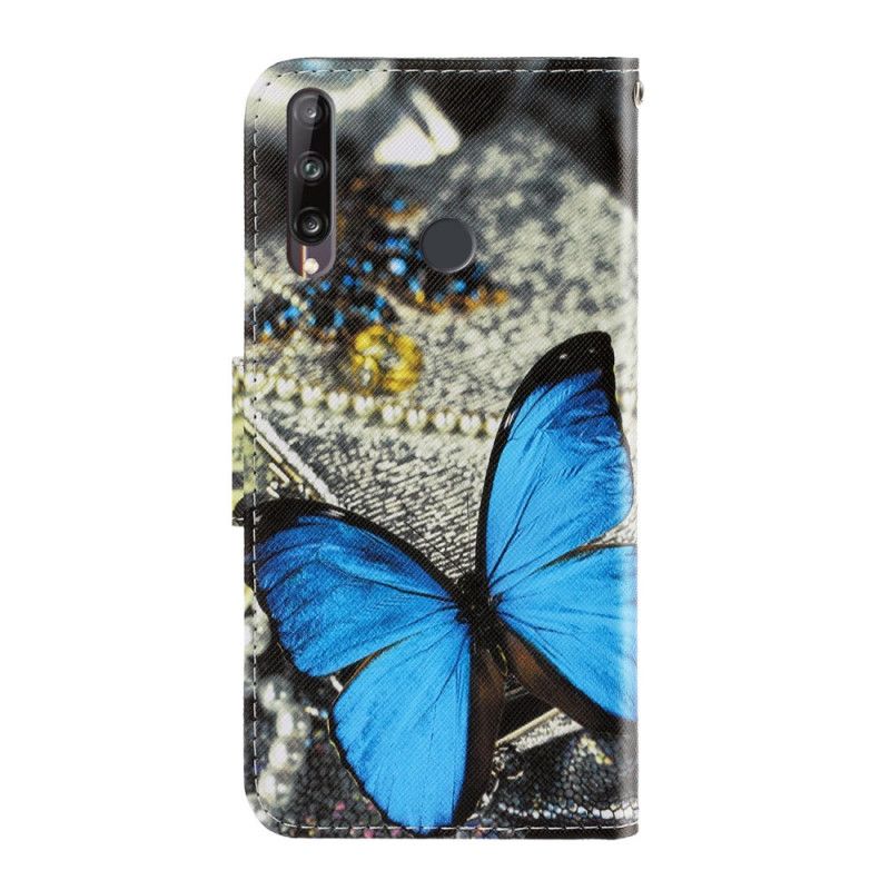 Flip Cover Læder for Huawei P40 Lite E / Y7p Lyseblå Sommerfuglvariationer Med Rem