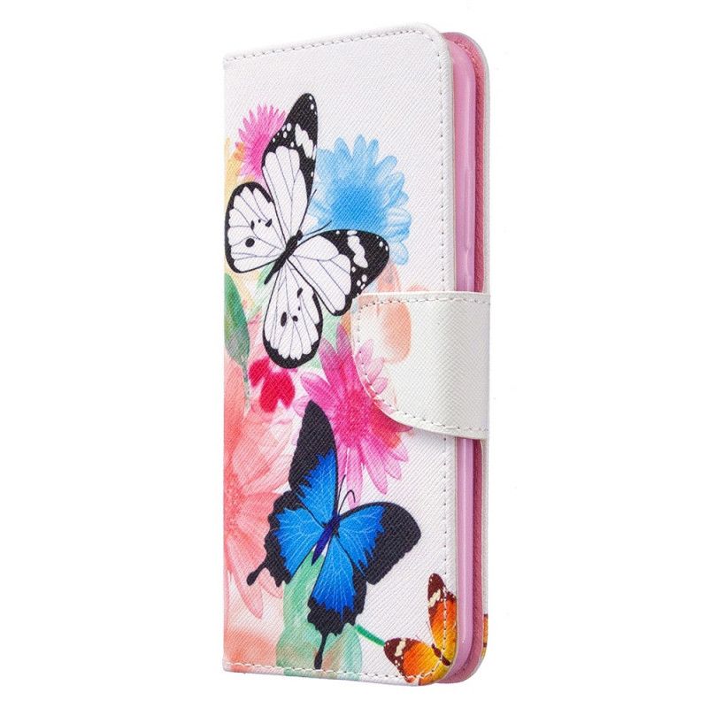 Flip Cover Læder for Huawei P40 Lite E / Y7p Magenta Malede Sommerfugle Og Blomster