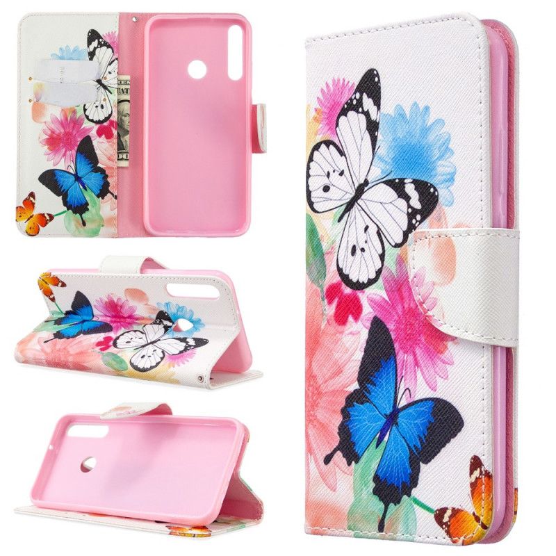 Flip Cover Læder for Huawei P40 Lite E / Y7p Magenta Malede Sommerfugle Og Blomster