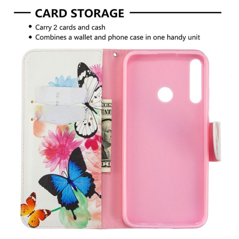 Flip Cover Læder for Huawei P40 Lite E / Y7p Magenta Malede Sommerfugle Og Blomster