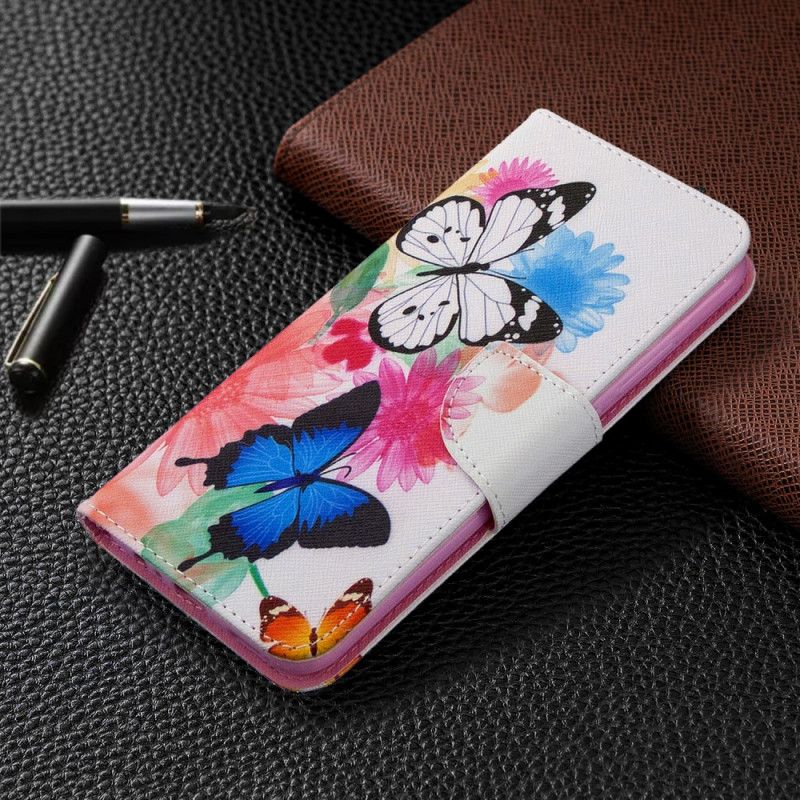 Flip Cover Læder for Huawei P40 Lite E / Y7p Magenta Malede Sommerfugle Og Blomster