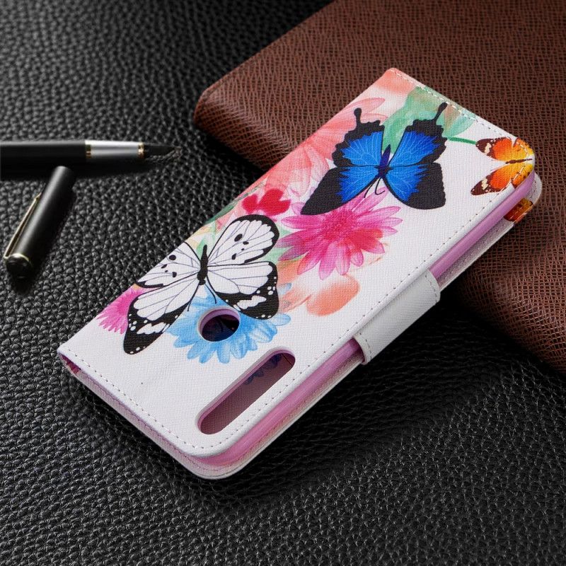 Flip Cover Læder for Huawei P40 Lite E / Y7p Magenta Malede Sommerfugle Og Blomster