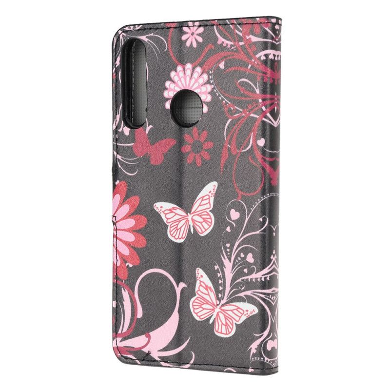 Flip Cover Læder for Huawei P40 Lite E / Y7p Sort Sommerfugle Og Blomster 2