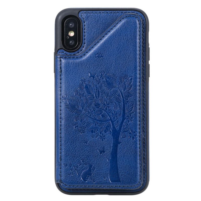 Cover iPhone X Navyblå Kortholder Med Katteprint Beskyttelse